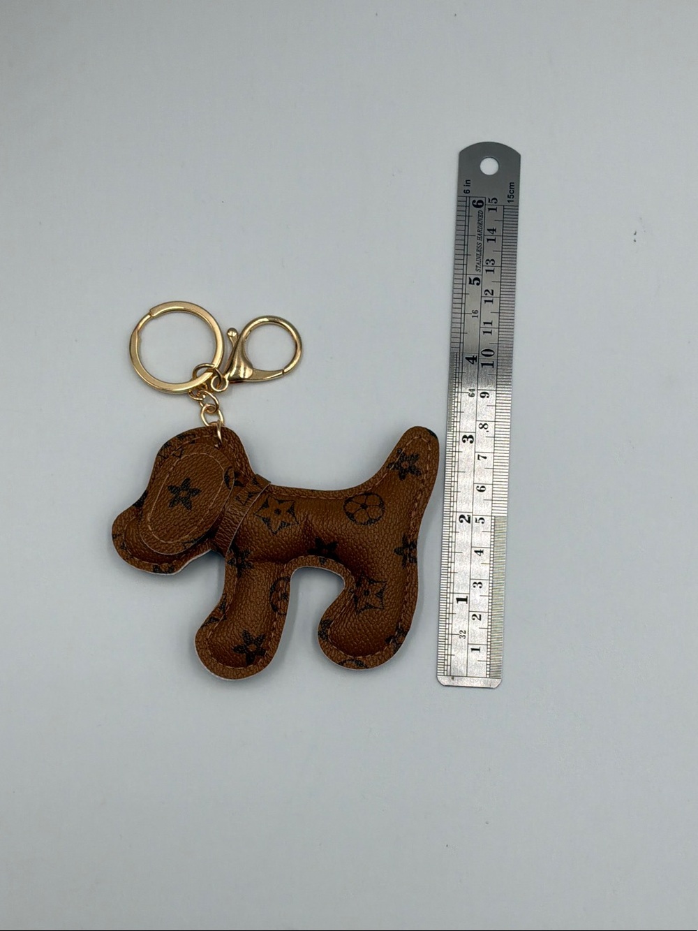 Designer Inspired Brown Dog Keychain with Gold Hardware - Picture 3 of 3